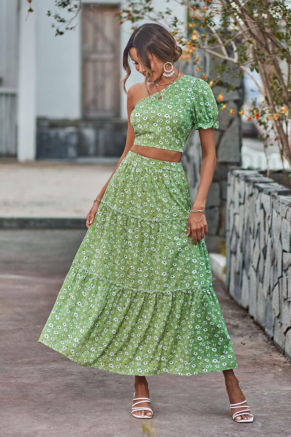 PRETTYGARDEN Women's 2 Piece Summer Outftis Casual Floral One Shoulder Crop Top High Waisted Maxi... | Amazon (US)