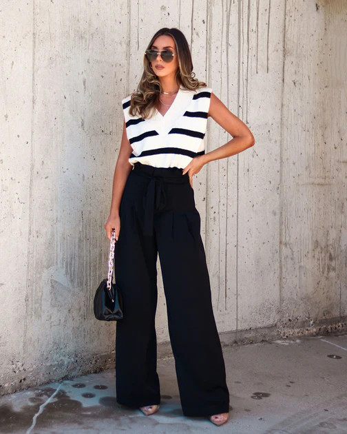 Erin Knit Striped Sweater Vest - Black/Cream | VICI