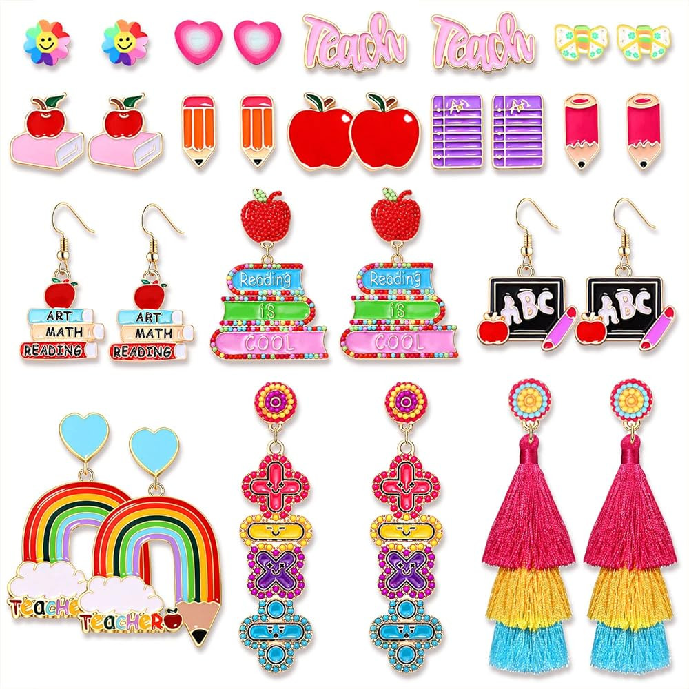 15/21Pairs Teacher Earrings for Women, Statement Pencil Earrings Colorful Flower Book Stud Earrin... | Amazon (US)