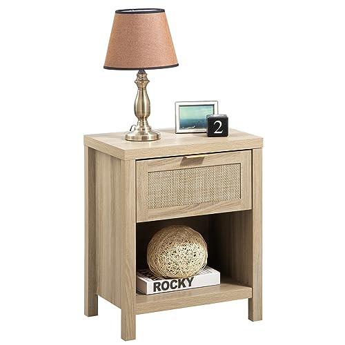 SICOTAS Rattan Night Stands, Farmhouse Nightstand Boho End Side Table Bedside Table with Drawer and Open Shelf for Bedroom, Light Oak | Amazon (US)