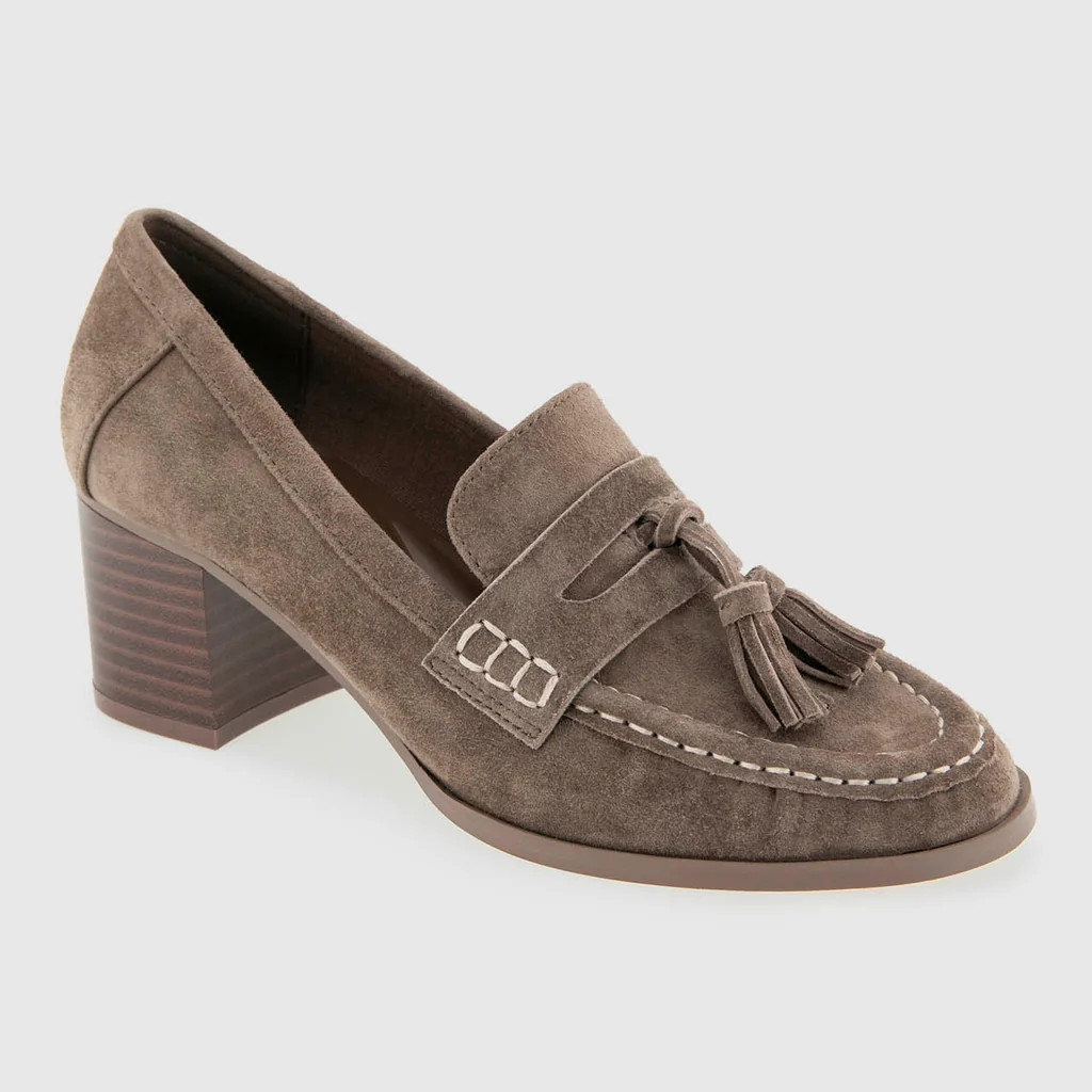 Martha Suede Heeled Loafer in Taupe Grey | Splendid