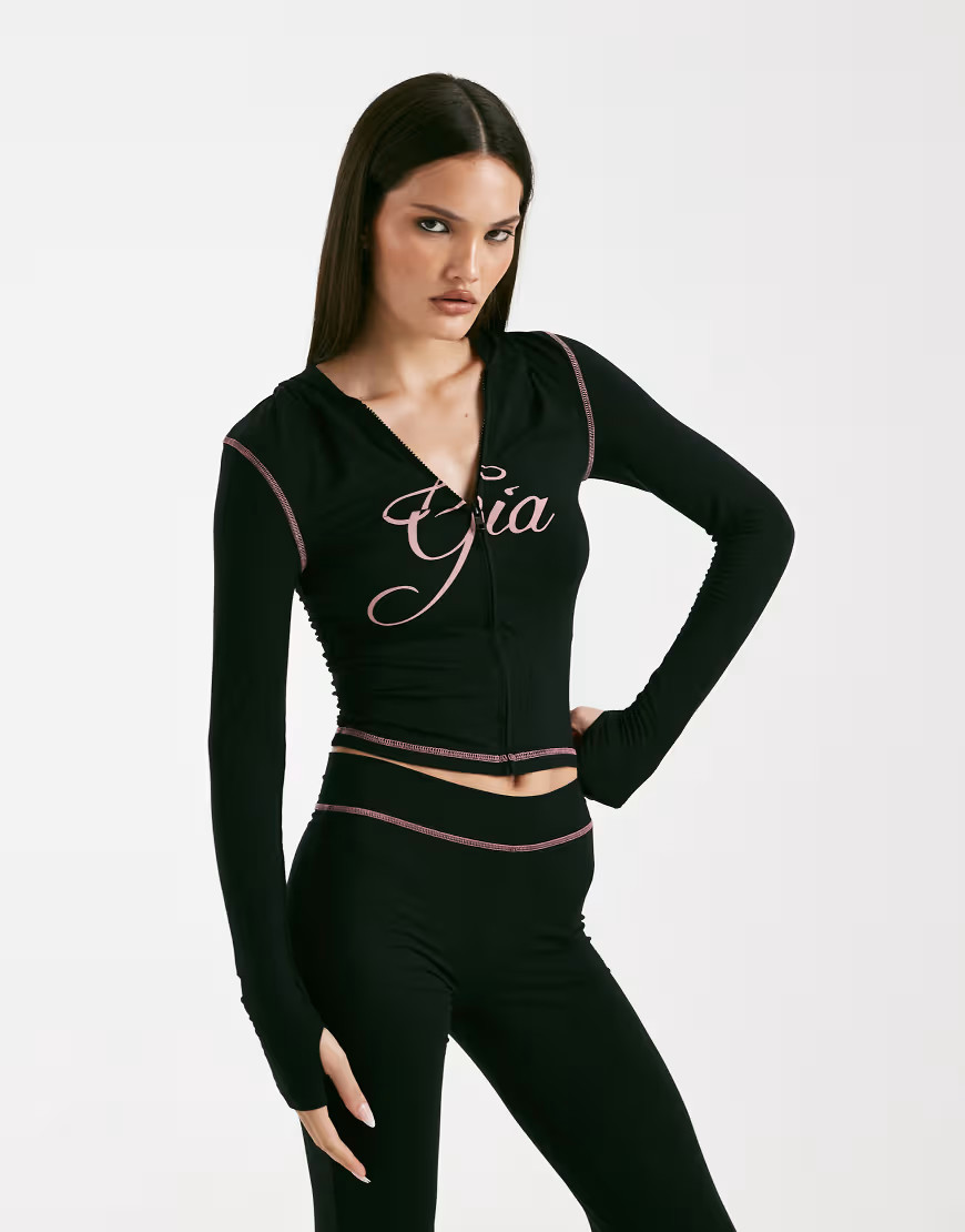 I.AM.GIA Blare logo contrast stitch zip up hoodie in black and pink - part of a set | ASOS (Global)