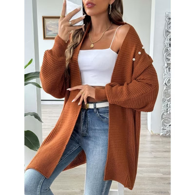 Women's Pearl Embellished Cardigan Long Sleeve Open Front Knit Sweater Browm One Size | Target