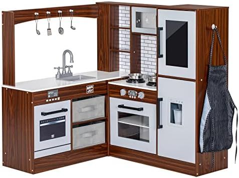BRINJOY Corner Play Kitchen for Kids, Wooden Toddler Kitchen Playset w/ Faucet, Sink, Microwave, ... | Amazon (US)