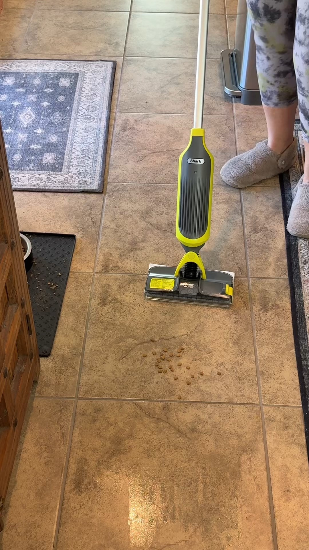 I was surprised how good of a job this does. Now I don’t have to sweep the kitchen first. This is a vacuum and a mop in one. 