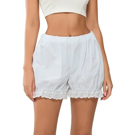 Musuos Women s White Bloomers Eyelet Embroidery Elastic Waist Ruffled Trim Bubble Lounge Shorts for Summer | Walmart (US)