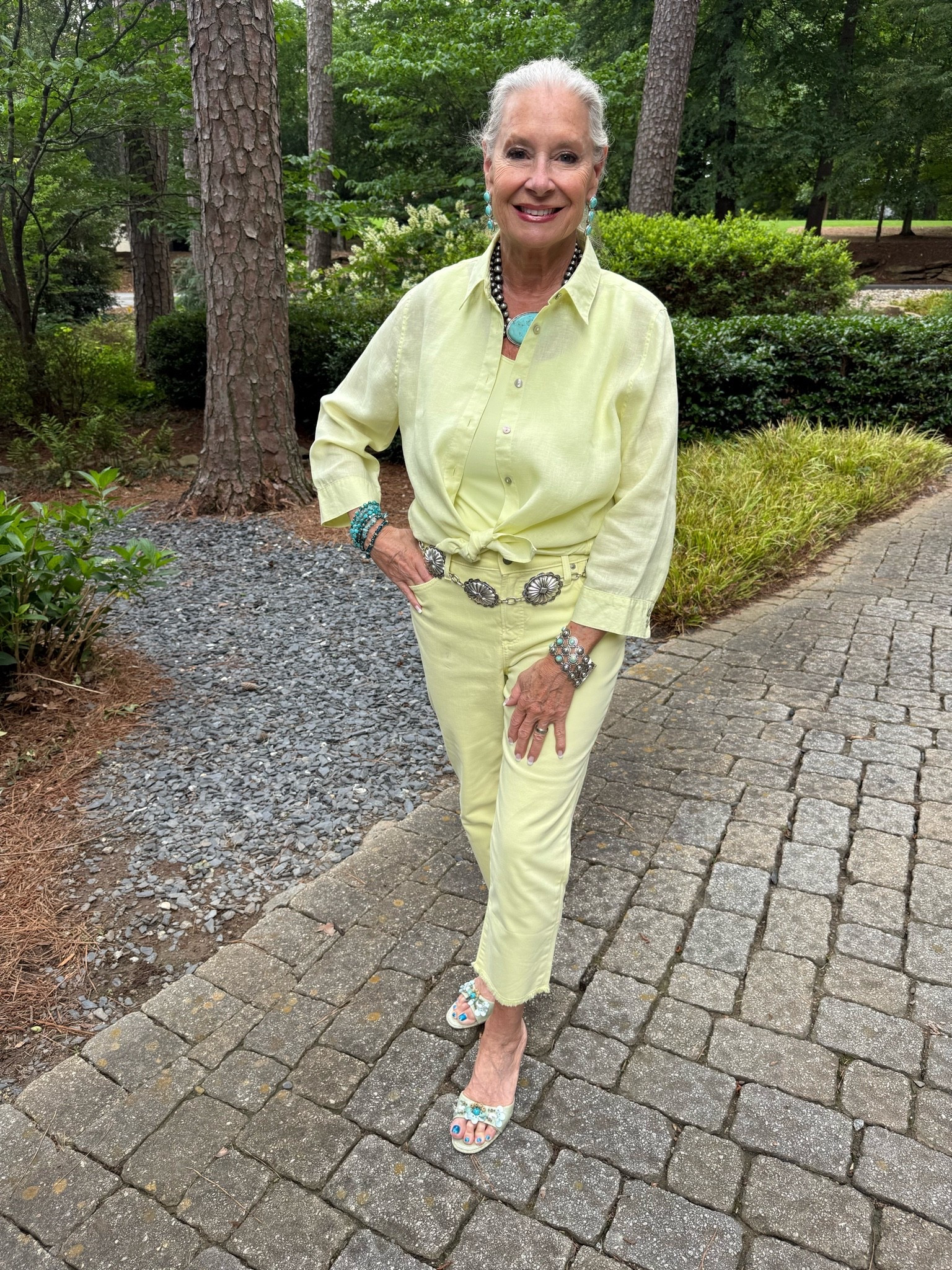 Monochrome dressing is one of my favorite style tricks. This soft sage lime look feels fresh, polished, and effortlessly chic, while the turquoise jewelry adds the perfect pop of color and personality. Proof that fashion after 60 can be vibrant, confident, and anything but boring.

What’s your favorite way to wear color this summer?