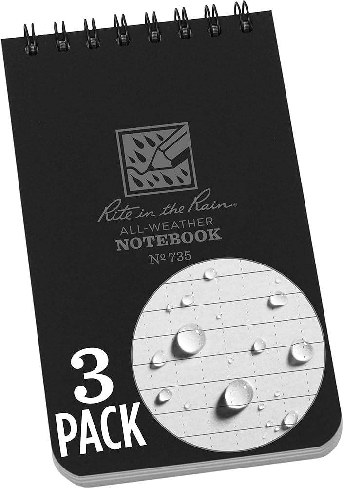 Rite in the Rain Weatherproof Top-Spiral Notebook, 3" x 5", Black Cover, Universal Pattern, 3 Pac... | Amazon (US)