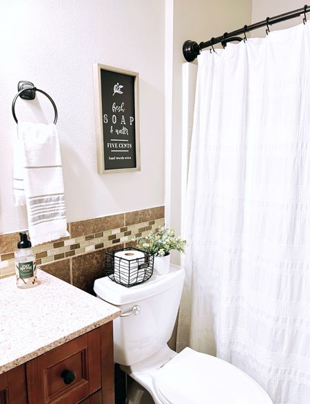 Amazon bathroom decor, farmhouse bathroom, Amazon home, Target home, Hearth and hand, Everspring handsoap, black and white decor, black and wood decor, bathroom makeover, guest bathroom 

#LTKhome #LTKfindsunder100 #LTKfindsunder50