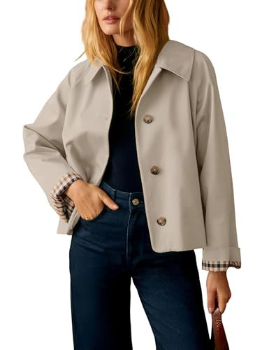 Dqbeng Womens Cropped Trench Coat Classic Collar Oversized Casual Jackets with Checkered Lining (Beige-Medium) | Amazon (US)