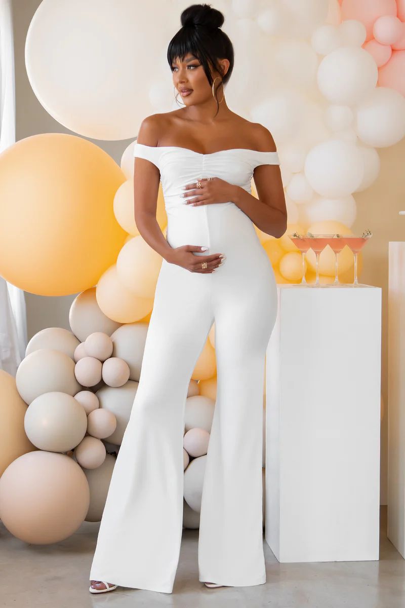 Arrival | White Maternity Ruched Off The Shoulder Jumpsuit | Club L London