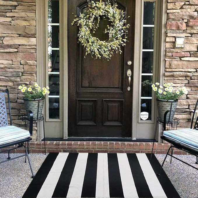 CAINANEL Black and White Striped Outdoor Rug 27.5X 43 inches Front Door Mat Hand-Woven Cotton Ind... | Amazon (US)
