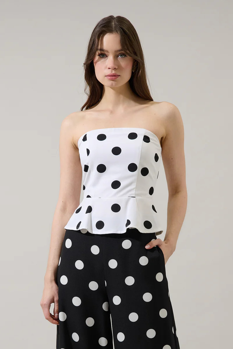 Randal Polka Dot Peplum Strapless Top | Sugarlips