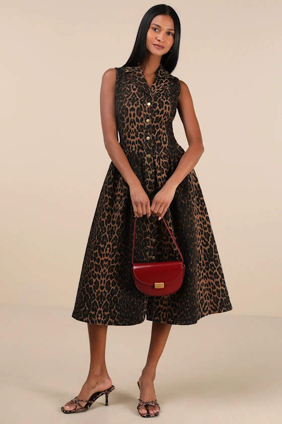 Levon Brown Leopard Print Denim Button-Front Midi Dress | Lulus