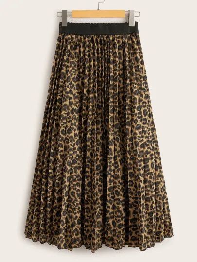 Cheetah Print Elastic Waist Pleated Skirt | SHEIN