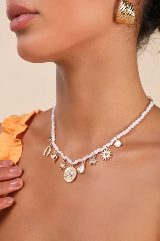 Laeta Gold and White Pearl Charm Necklace | Lulus