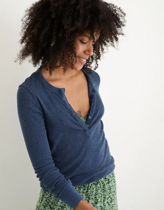 Aerie Ribbed Henley Long Sleeve T-Shirt | American Eagle Outfitters (US & CA)