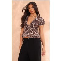 Leopard Puff Sleeve Tie Front Top | PrettyLittleThing UK