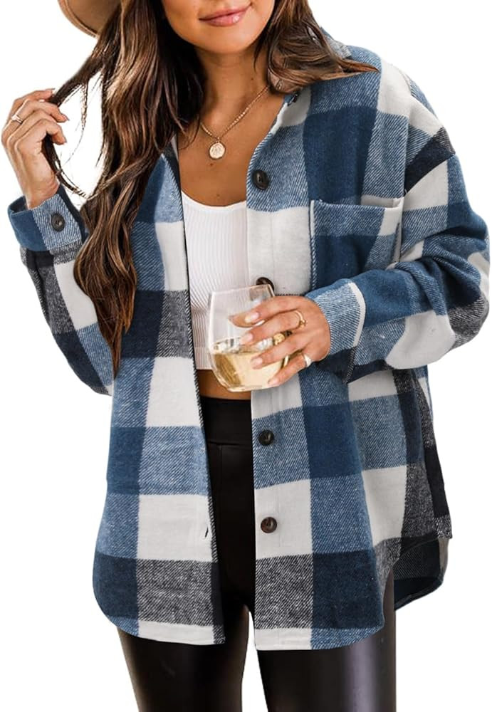 ZOLUCKY Womens Casual Plus Size Shacket Jacket Long Sleeve Button Down Shirts Blouses Tops | Amazon (US)