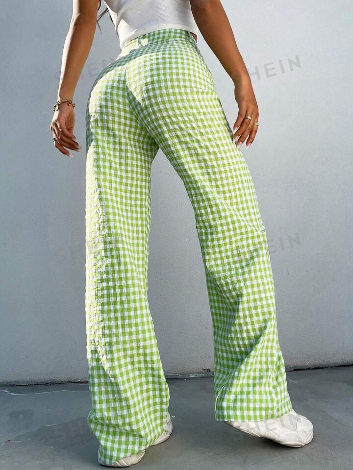 SHEIN High Waist Gingham Print Wide Leg Pants | SHEIN