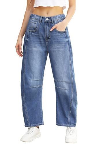 Ladyful Barrel Jeans for Women Wide Leg Elastic Mid Rise Denim Pants Baggy Cropped Boyfriend Ankle Jeans Blue | Amazon (US)