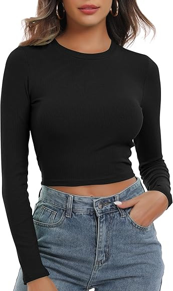 Artfish Women's Round Neck Long Sleeve Knit Ribbed Fitted Crop Top Casual Basic Shirts | Amazon (US)