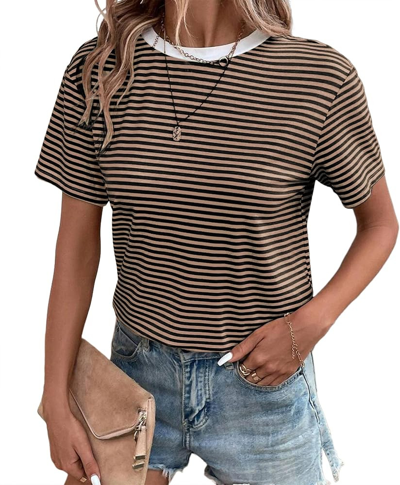 Dsewpaur Women Casual Striped Print Short Sleeve T Shirts Crew Neck Loose Fit Going Out Tee Tops ... | Amazon (US)