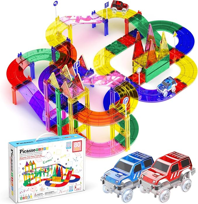 PicassoTiles 80 Piece Race Car Track Building Block Educational Toy Set Magnetic Tiles Magnet DIY... | Amazon (US)