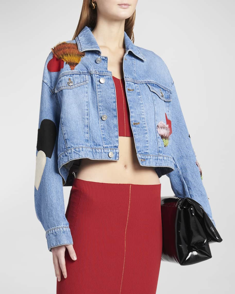Marni Patch-Embroidered Crop Denim Jacket | Neiman Marcus