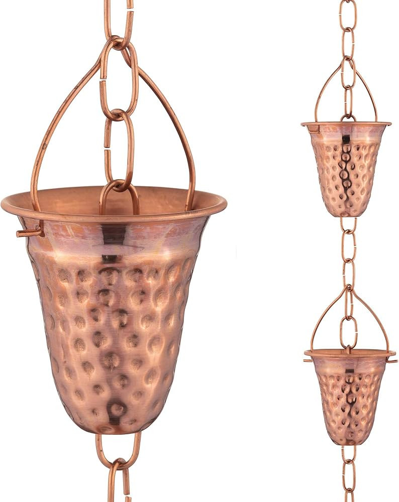 Copper Hammered Rain Chain – Decorative Chimes & Cups Replace Gutter Downspout & Divert Water A... | Amazon (US)