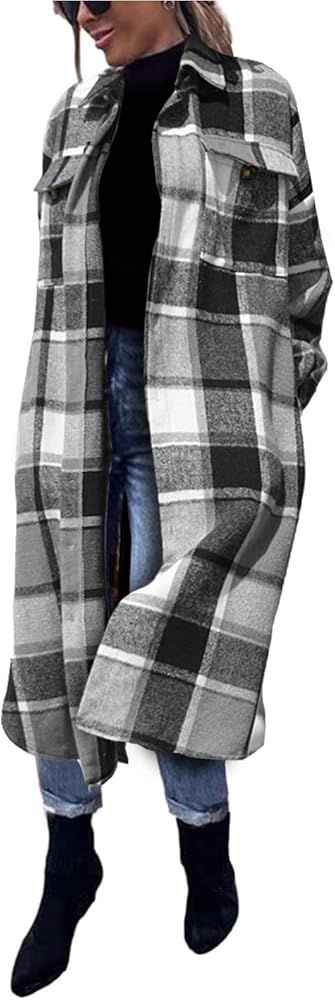 Omoone Women's Thick Woolen Lapel Button Up Long Plaid Shirt Coat Check Maxi Shacket | Amazon (US)