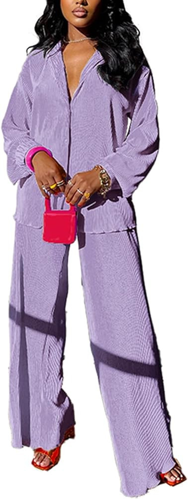 kaimimei Casual 2 Piece Outfit for Women - Linen Long Sleeve Button Down Shirt + Flare Pleated Wi... | Amazon (US)
