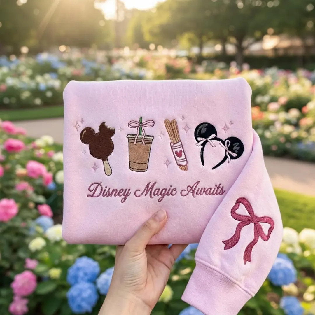 Disney Magic Awaits Embroidered Sweatshirt, Pink Disney Snack Icons Crewneck, Cozy Disneyland Par... | Etsy (US)