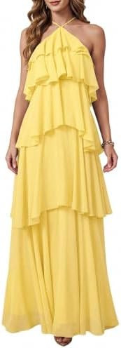 SOLY HUX Women's Wedding Guest Dress Sundresses Ruffle Layered Halter Backless Flowy Formal Maxi ... | Amazon (US)