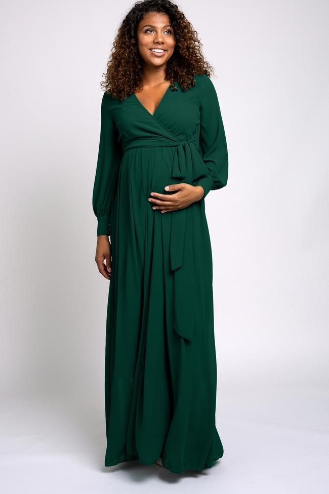 Forest Green Chiffon Long Sleeve Maternity Maxi Dress | PinkBlush Maternity