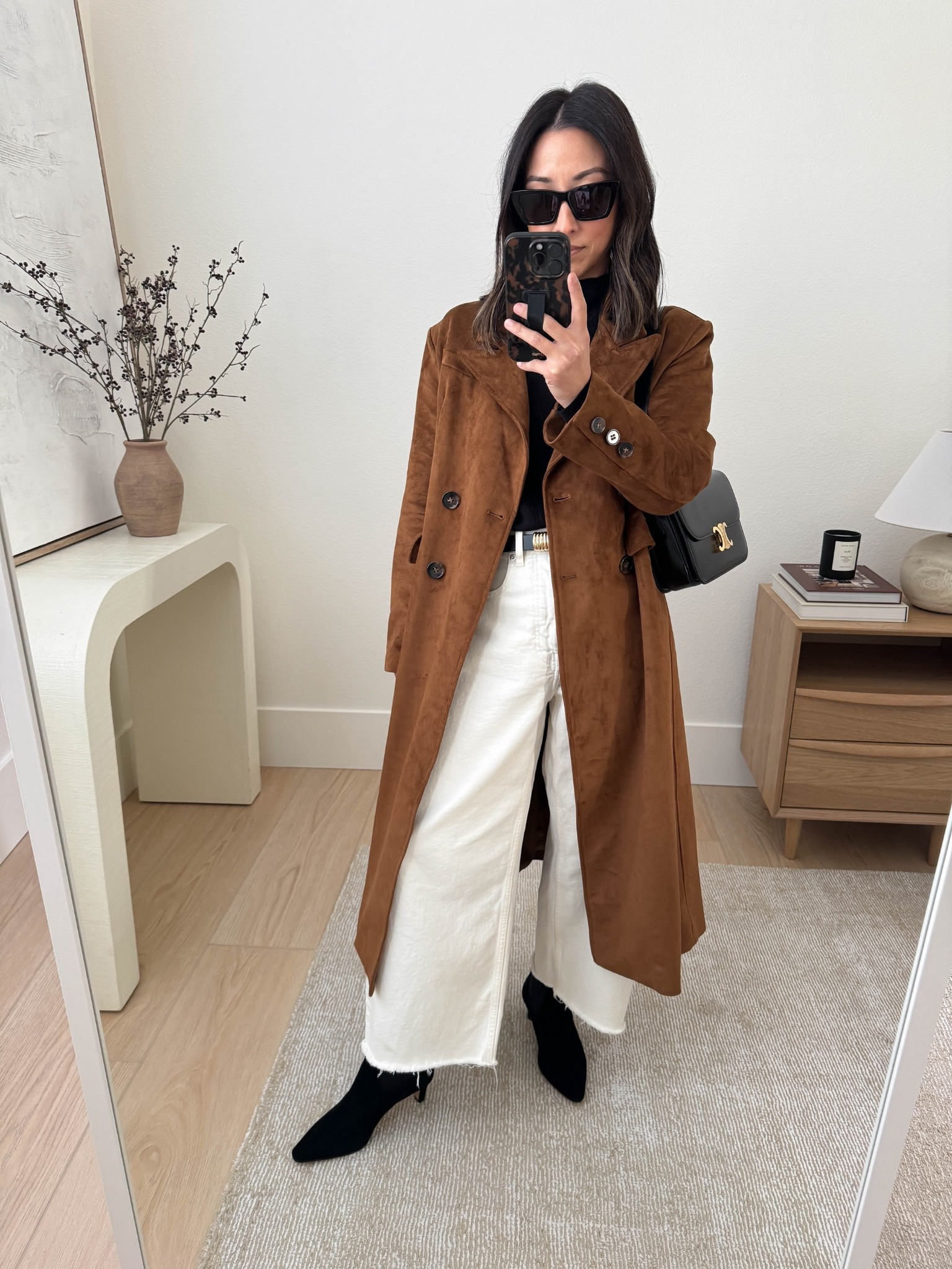 Fall outfits with heeled ankle booties. 

Anthropologie suede trench coat petite xs (old)
Majestic Filatures turtleneck xs
Good American belt
Everlane curve jeans 26, cut hems
Stuart Weitzman sock booties 35
Celine Triomphe bag medium
YSL sunglasses 

Petite style, fall outfits, boots, fall style 

#LTKPetite #LTKShoeCrush #LTKSeasonal