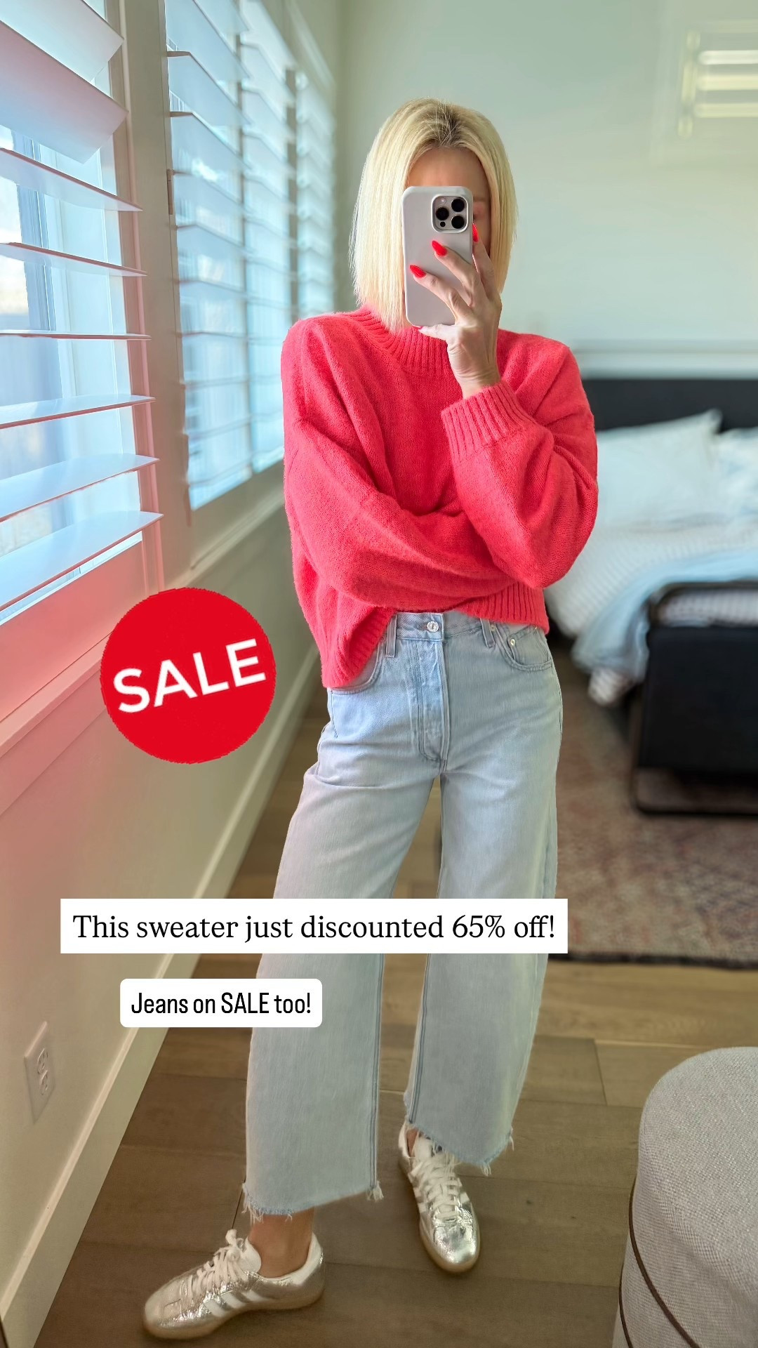 This sweater now on major sale! 65% off. Jeans are on major sale too.
I sized up to a large in the sweater and went down one size to a 26 in the jeans

#LTKOver40 #LTKFindsUnder50 #LTKmomlife