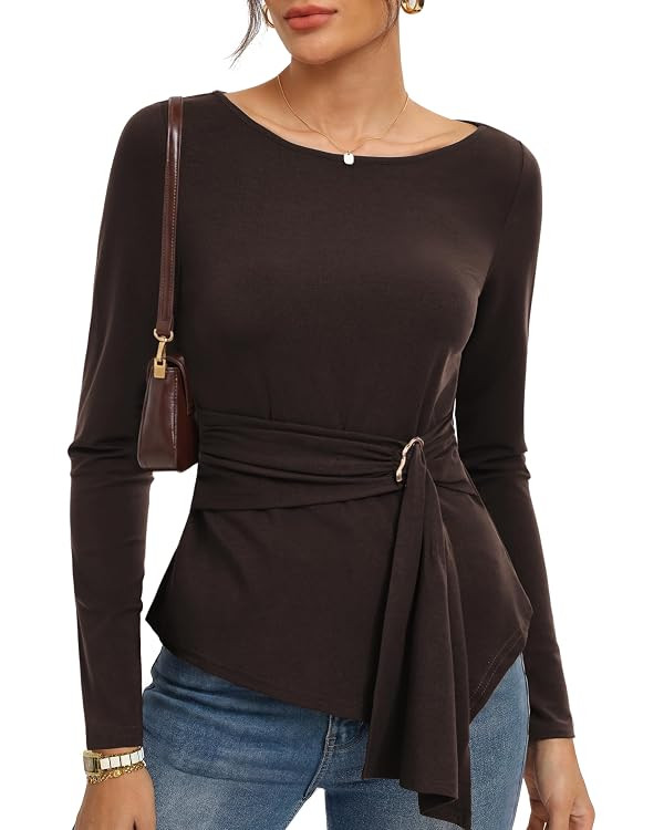Kate Kasin Women Boat Neck Wrap Blouses, Cinched Waist Asymmetrical Tops | Amazon (US)