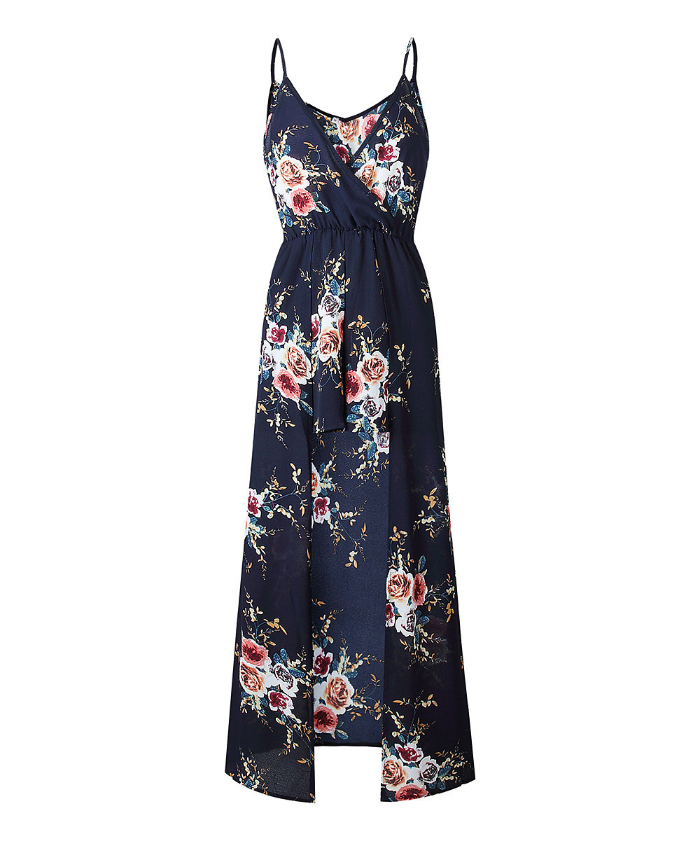 Yokodea Women's Rompers NavyBlue - Navy Blue Floral Walk-Through Surplice Dress - Women | Zulily