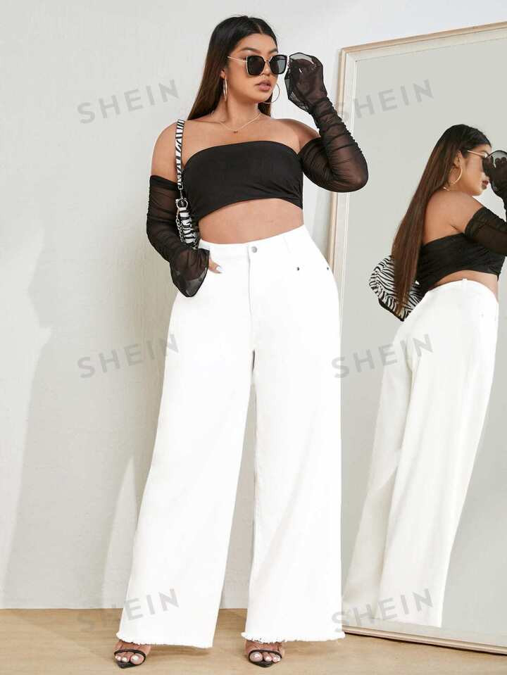 SHEIN Privé Plus High Waist Raw Hem Wide Leg Jeans | SHEIN