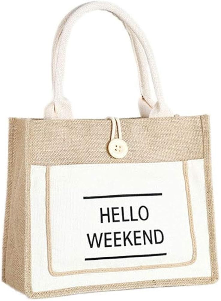 JOSSOIOJ HELLO WEEKEND Printed Custom Jute Tote Bags with Canvas Front Pocket Reusable Natural Bu... | Amazon (US)