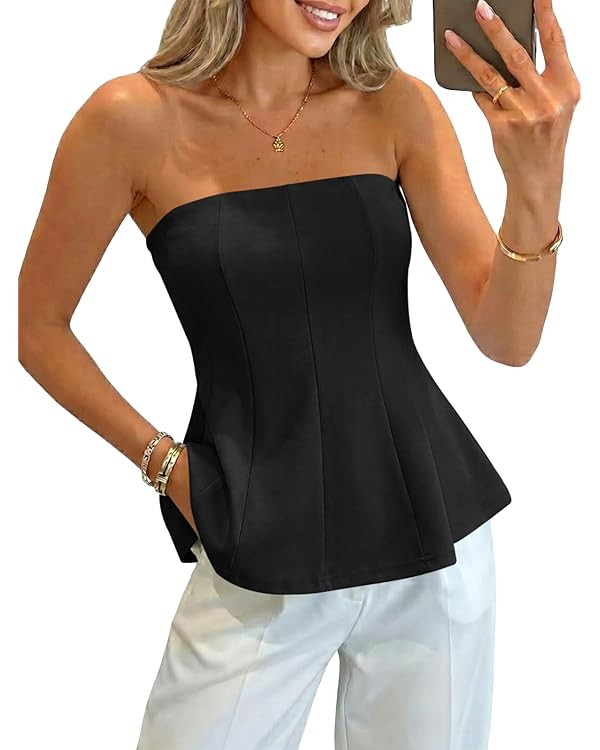 Womens Peplum Tube Tops Ruffle Summer Casual Bandeau Tank Tops Strapless Going Out Flowy Vacation... | Amazon (US)