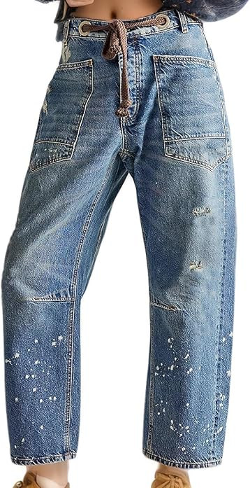 Womens Pull-On Barrel Jeans Mid-Low Rise Boyfriend Drawstring Ankle Baggy Elastic Waist Stretchy Boho Denim Pants | Amazon (US)