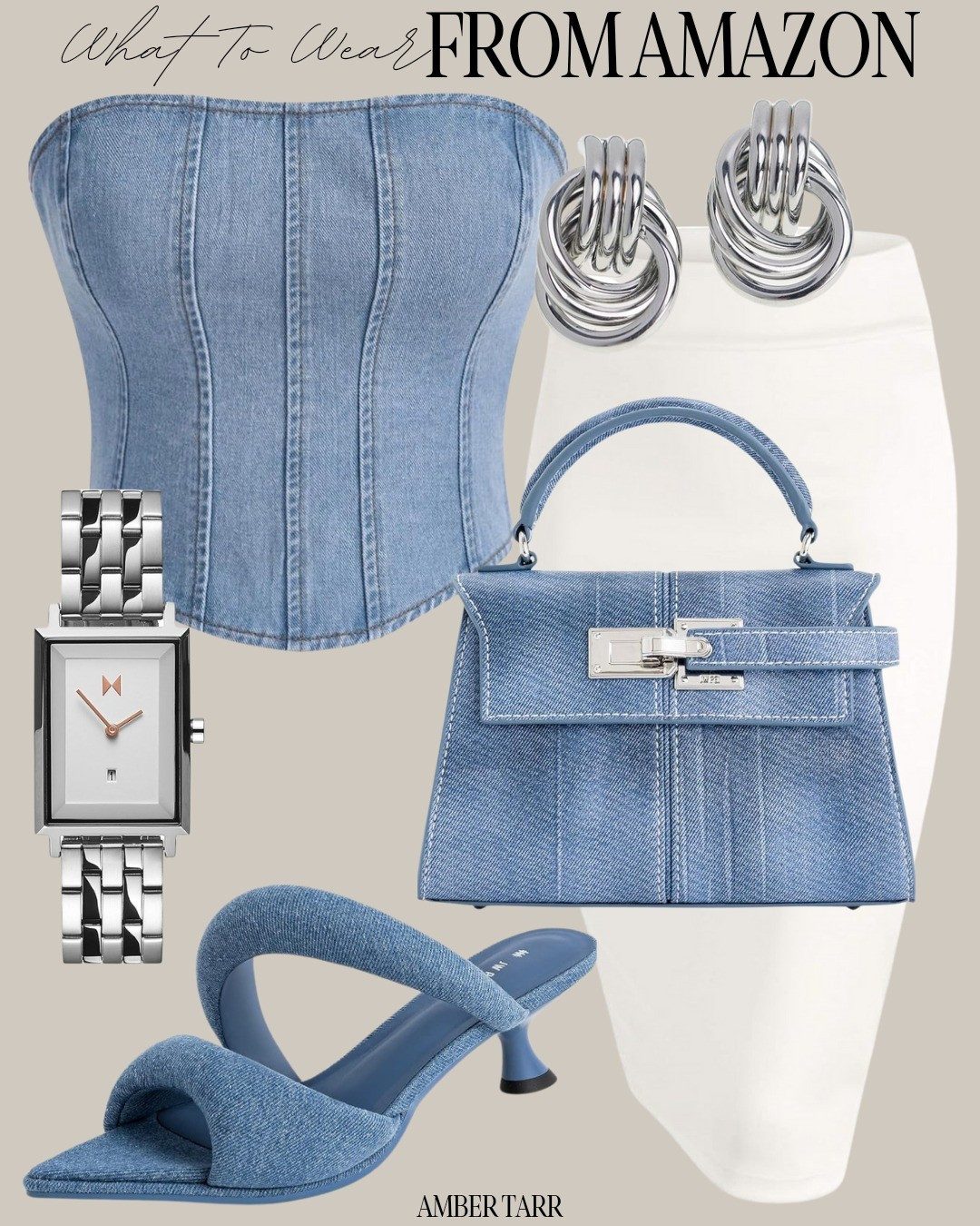 Denim date night outfit. High waisted pencil skirt, with denim heels, hand bag and silver accessories. 

#LTKFindsUnder100 #LTKFindsUnder50 #LTKOver40