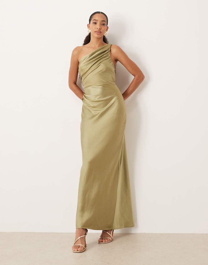 Pretty Lavish Bridesmaids Juliet satin gathered one shoulder maxi dress in olive green | ASOS (Global)