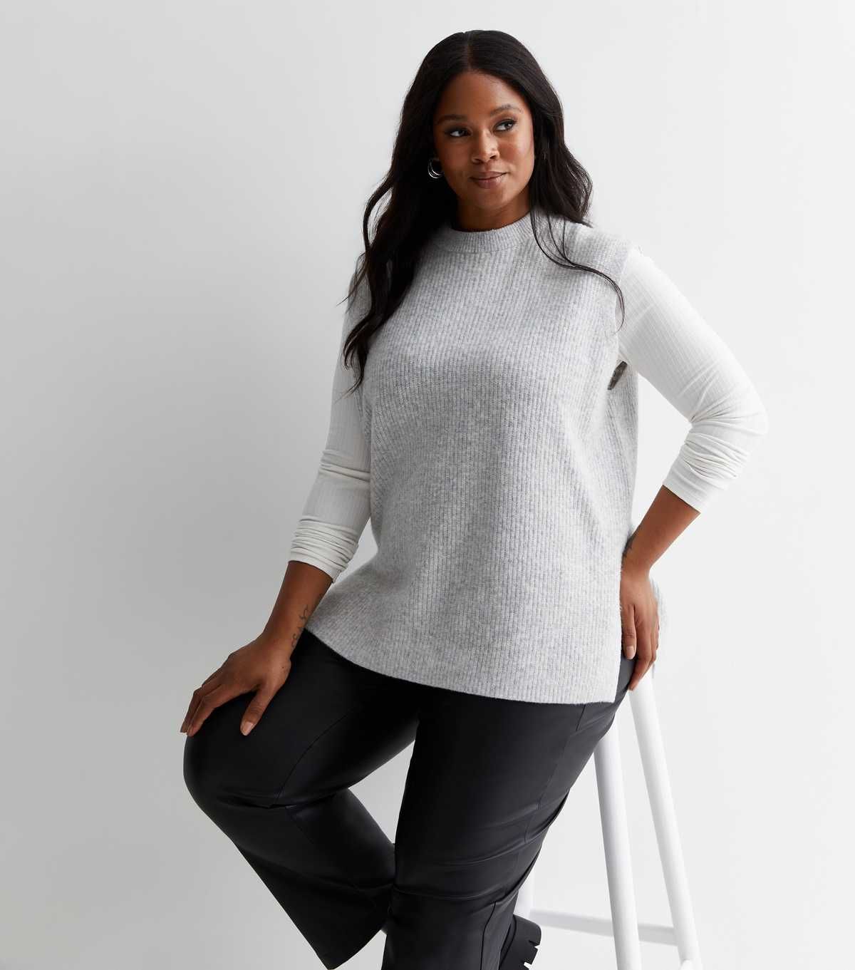 Curves Pale Grey Knitted Split Hem Vest | New Look (UK)