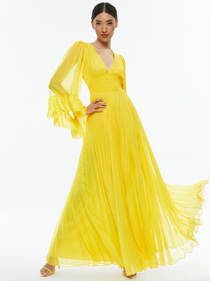 SELENE DEEP V NECK PLEATED MAXI DRESS | Alice + Olivia