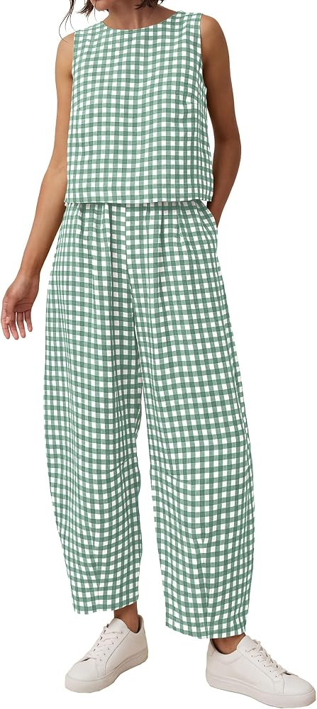 PRETTYGARDEN Womens Plaid 2 Piece Matching Sets     Soft Lightweight Cotton, Gingham Lounge Set, ... | Amazon (US)