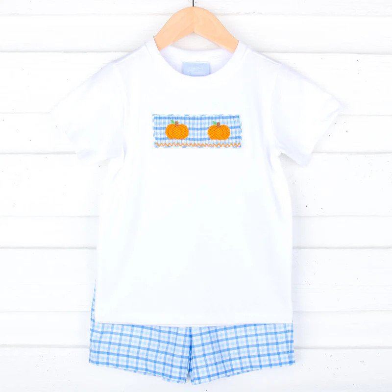Little Pumpkin Blue Gingham Smocked Short Set | Classic Whimsy
