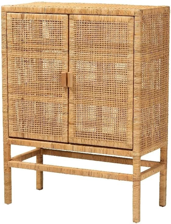 Baxton Studio Vivan Brown Rattan and Mahogany Wood 3-Shelf Storage Cabinet | Amazon (US)